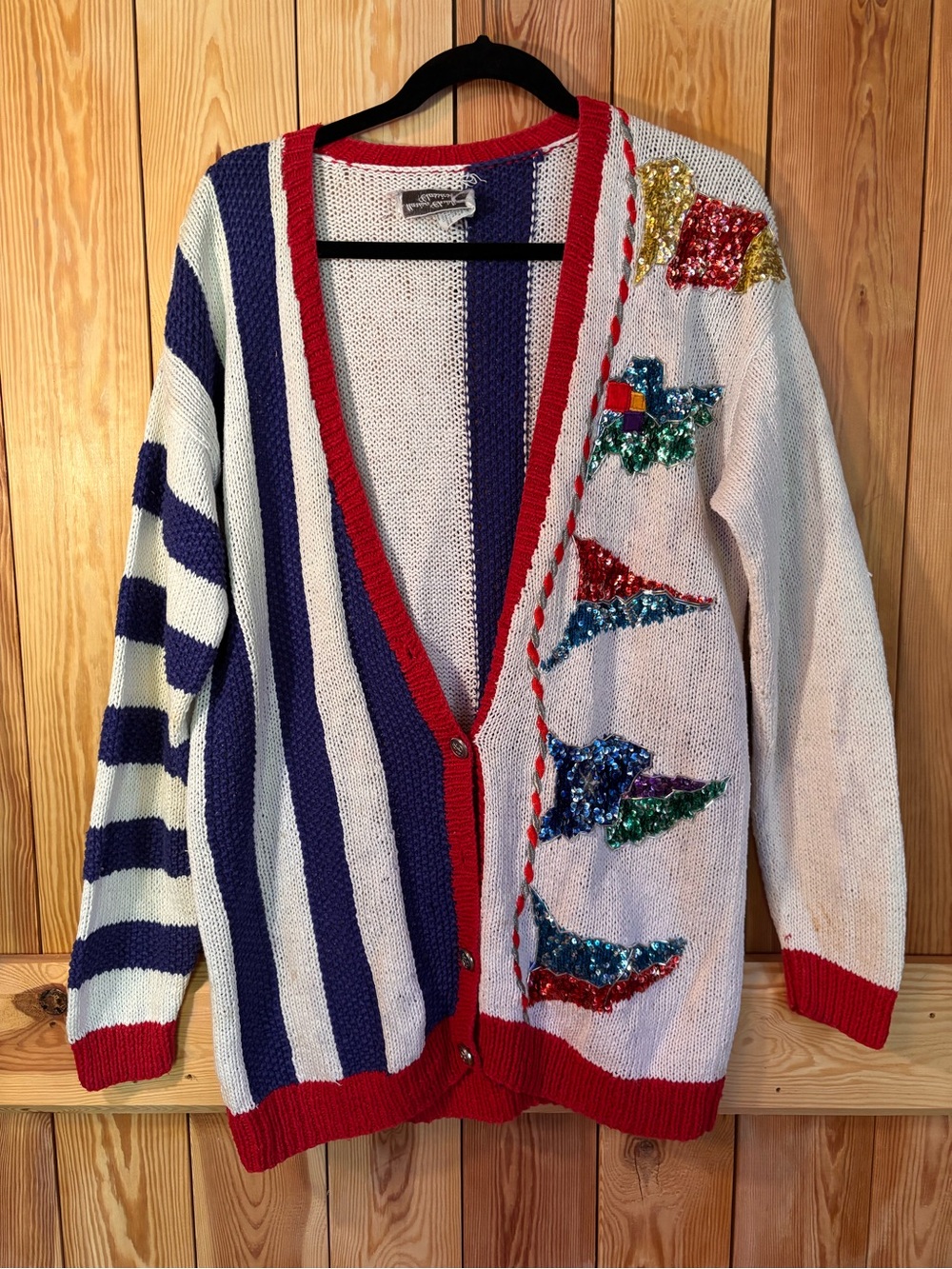 Vintage Marisa Christina White, Blue & Red Sequin Accent Cardigan